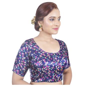 Biyu Banglori Silk Blue Floral Printed Designer Princess Cut Padded Half sleeves Readymade Saree Blouse 2