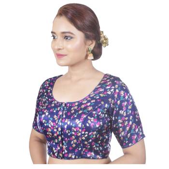 Biyu Banglori Silk Blue Floral Printed Designer Princess Cut Padded Half sleeves Readymade Saree Blouse 3