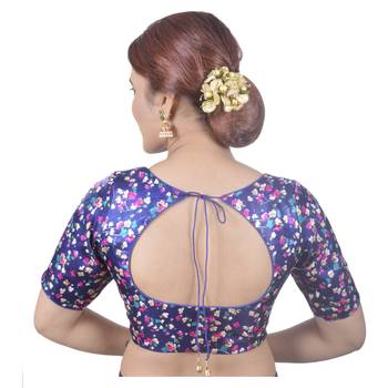 Biyu Banglori Silk Blue Floral Printed Designer Princess Cut Padded Half sleeves Readymade Saree Blouse 4
