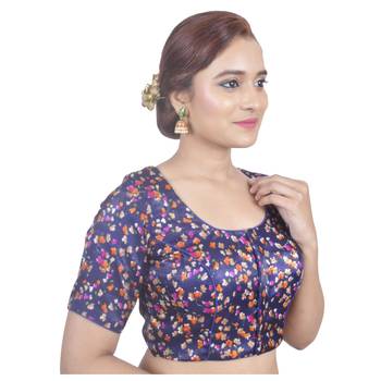 Biyu Banglori Silk Blue Floral Printed Designer Princess Cut Padded Half sleeves Readymade Saree Blouse 2