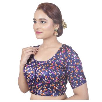 Biyu Banglori Silk Blue Floral Printed Designer Princess Cut Padded Half sleeves Readymade Saree Blouse 3