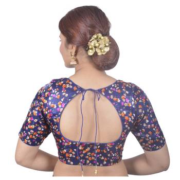 Biyu Banglori Silk Blue Floral Printed Designer Princess Cut Padded Half sleeves Readymade Saree Blouse 4