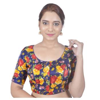 Biyu Banglori Silk Blue Rose Printed Designer Princess Cut Padded Half sleeves Readymade Saree Blouse 1