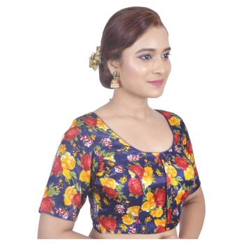 Biyu Banglori Silk Blue Rose Printed Designer Princess Cut Padded Half sleeves Readymade Saree Blouse 2