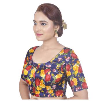 Biyu Banglori Silk Blue Rose Printed Designer Princess Cut Padded Half sleeves Readymade Saree Blouse 3