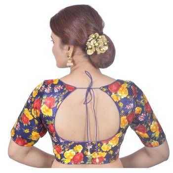 Biyu Banglori Silk Blue Rose Printed Designer Princess Cut Padded Half sleeves Readymade Saree Blouse 4