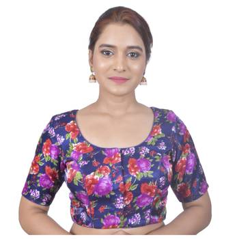 Biyu Banglori Silk Blue Rose Printed Designer Princess Cut Padded Half sleeves Readymade Saree Blouse 1