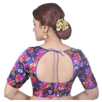 Biyu Banglori Silk Blue Rose Printed Designer Princess Cut Padded Half sleeves Readymade Saree Blouse 4
