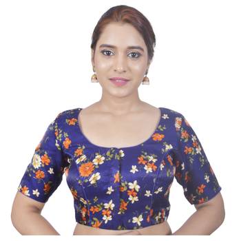 Biyu Banglori Silk Blue Rose Printed Designer Princess Cut Padded Half sleeves Readymade Saree Blouse 1