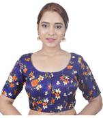 Biyu Banglori Silk Blue Rose Printed Designer Princess Cut Padded Half sleeves Readymade Saree Blouse