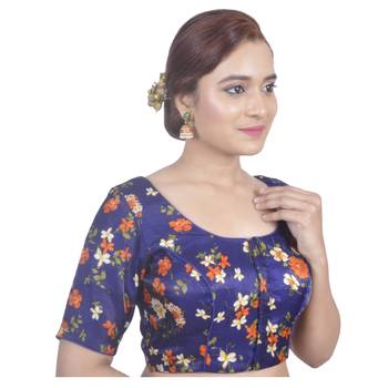 Biyu Banglori Silk Blue Rose Printed Designer Princess Cut Padded Half sleeves Readymade Saree Blouse 2