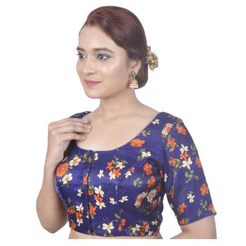 Biyu Banglori Silk Blue Rose Printed Designer Princess Cut Padded Half sleeves Readymade Saree Blouse 3