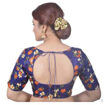 Biyu Banglori Silk Blue Rose Printed Designer Princess Cut Padded Half sleeves Readymade Saree Blouse 4