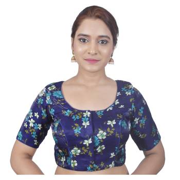 Biyu Banglori Silk Blue Floral Printed Designer Princess Cut Padded Half sleeves Readymade Saree Blouse 1