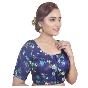Biyu Banglori Silk Blue Floral Printed Designer Princess Cut Padded Half sleeves Readymade Saree Blouse 2