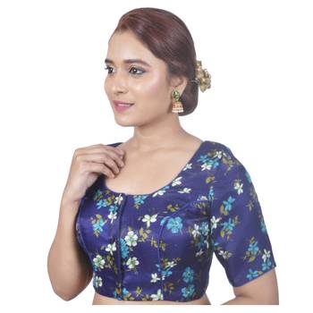Biyu Banglori Silk Blue Floral Printed Designer Princess Cut Padded Half sleeves Readymade Saree Blouse 3