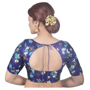Biyu Banglori Silk Blue Floral Printed Designer Princess Cut Padded Half sleeves Readymade Saree Blouse 4