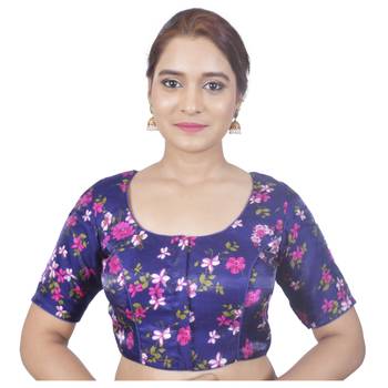 Biyu Banglori Silk Blue Floral Printed Designer Princess Cut Padded Half sleeves Readymade Saree Blouse 1