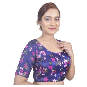 Biyu Banglori Silk Blue Floral Printed Designer Princess Cut Padded Half sleeves Readymade Saree Blouse 2