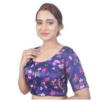 Biyu Banglori Silk Blue Floral Printed Designer Princess Cut Padded Half sleeves Readymade Saree Blouse 3