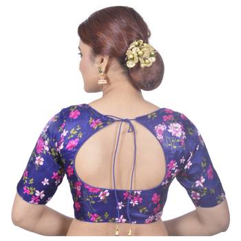 Biyu Banglori Silk Blue Floral Printed Designer Princess Cut Padded Half sleeves Readymade Saree Blouse 4