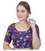 Biyu Banglori Silk Blue Floral Printed Designer Princess Cut Padded Half sleeves Readymade Saree Blouse