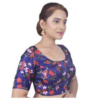 Biyu Banglori Silk Blue Floral Printed Designer Princess Cut Padded Half sleeves Readymade Saree Blouse 2