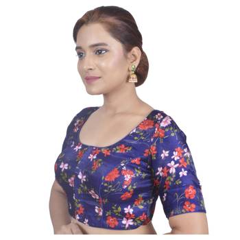 Biyu Banglori Silk Blue Floral Printed Designer Princess Cut Padded Half sleeves Readymade Saree Blouse 3