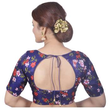 Biyu Banglori Silk Blue Floral Printed Designer Princess Cut Padded Half sleeves Readymade Saree Blouse 4