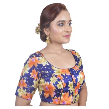 Biyu Banglori Silk Blue Floral Printed Designer Princess Cut Padded Half sleeves Readymade Saree Blouse 2