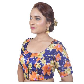 Biyu Banglori Silk Blue Floral Printed Designer Princess Cut Padded Half sleeves Readymade Saree Blouse 3
