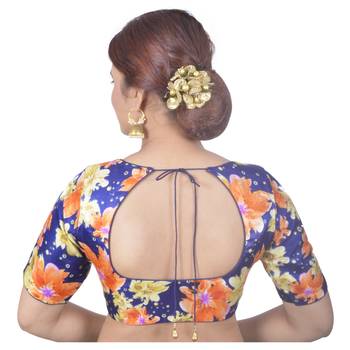 Biyu Banglori Silk Blue Floral Printed Designer Princess Cut Padded Half sleeves Readymade Saree Blouse 4