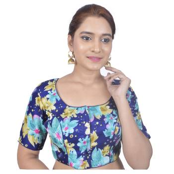 Biyu Banglori Silk Blue Floral Printed Designer Princess Cut Padded Half sleeves Readymade Saree Blouse 1