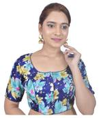 Biyu Banglori Silk Blue Floral Printed Designer Princess Cut Padded Half sleeves Readymade Saree Blouse