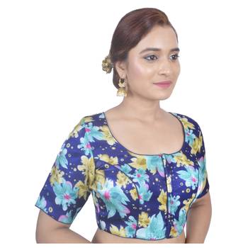 Biyu Banglori Silk Blue Floral Printed Designer Princess Cut Padded Half sleeves Readymade Saree Blouse 2