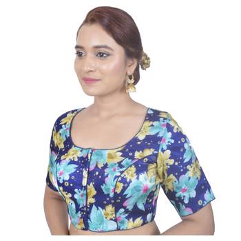Biyu Banglori Silk Blue Floral Printed Designer Princess Cut Padded Half sleeves Readymade Saree Blouse 3