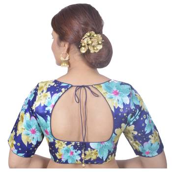 Biyu Banglori Silk Blue Floral Printed Designer Princess Cut Padded Half sleeves Readymade Saree Blouse 4