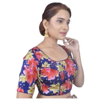 Biyu Banglori Silk Blue Floral Printed Designer Princess Cut Padded Half sleeves Readymade Saree Blouse 2