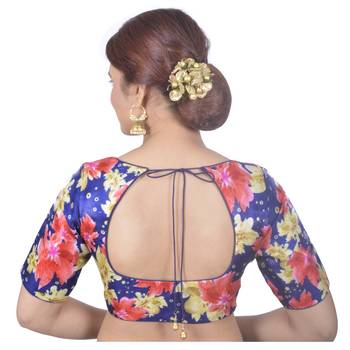 Biyu Banglori Silk Blue Floral Printed Designer Princess Cut Padded Half sleeves Readymade Saree Blouse 4