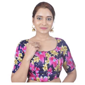 Biyu Banglori Silk Blue Floral Printed Designer Princess Cut Padded Half sleeves Readymade Saree Blouse 1