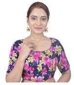 Biyu Banglori Silk Blue Floral Printed Designer Princess Cut Padded Half sleeves Readymade Saree Blouse