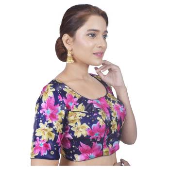 Biyu Banglori Silk Blue Floral Printed Designer Princess Cut Padded Half sleeves Readymade Saree Blouse 2