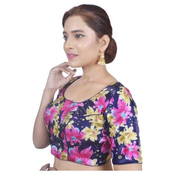 Biyu Banglori Silk Blue Floral Printed Designer Princess Cut Padded Half sleeves Readymade Saree Blouse 3