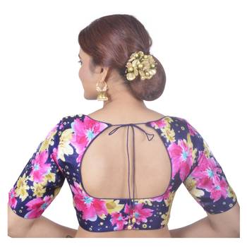 Biyu Banglori Silk Blue Floral Printed Designer Princess Cut Padded Half sleeves Readymade Saree Blouse 4