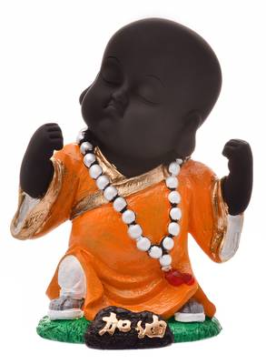 Karigaari India Handcrafted Resine Little Orange Buddha Monk Sculpture 1