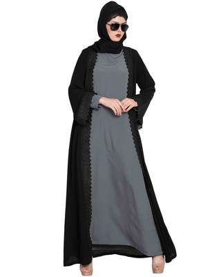 Black Plain Nida Abaya Shrug With Lace 1