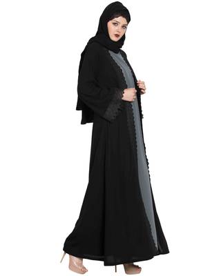 Black Plain Nida Abaya Shrug With Lace 3