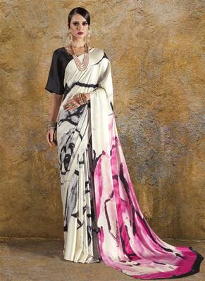 Off white printed crepe saree with blouse 1