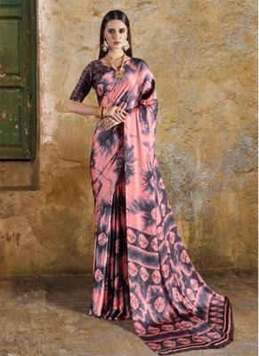 Peach printed crepe saree with blouse 1