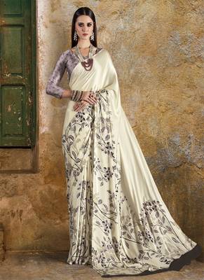 Off white printed crepe saree with blouse 1